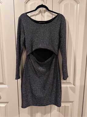 Long-Sleeve Metallic Black Midi Dress with Midriff Cutout